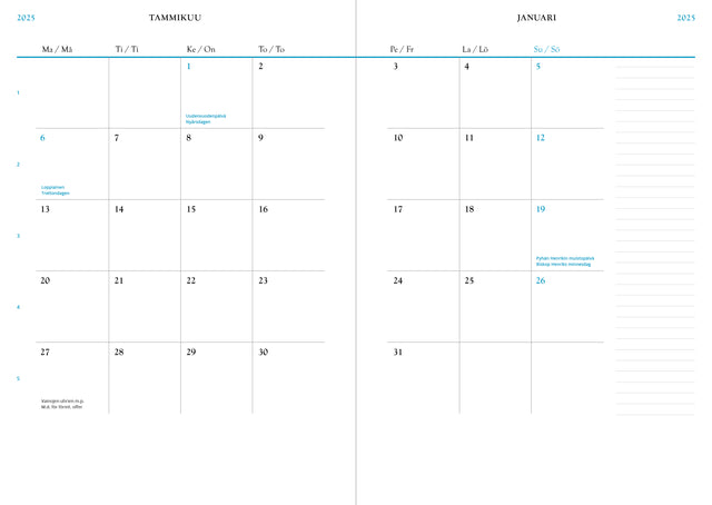 Kalenterin kuukausinäkymäsivut auttavat hahmottamaan kuukauden kokonaiskuvan.