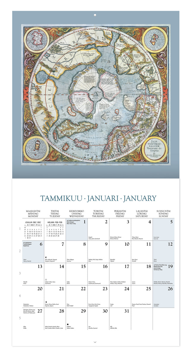 Arktiset kartat -seinäkalenterin sivuilla on nimipäivät, pyhäpäivät ja kuun vaiheet vuodelle 2025.